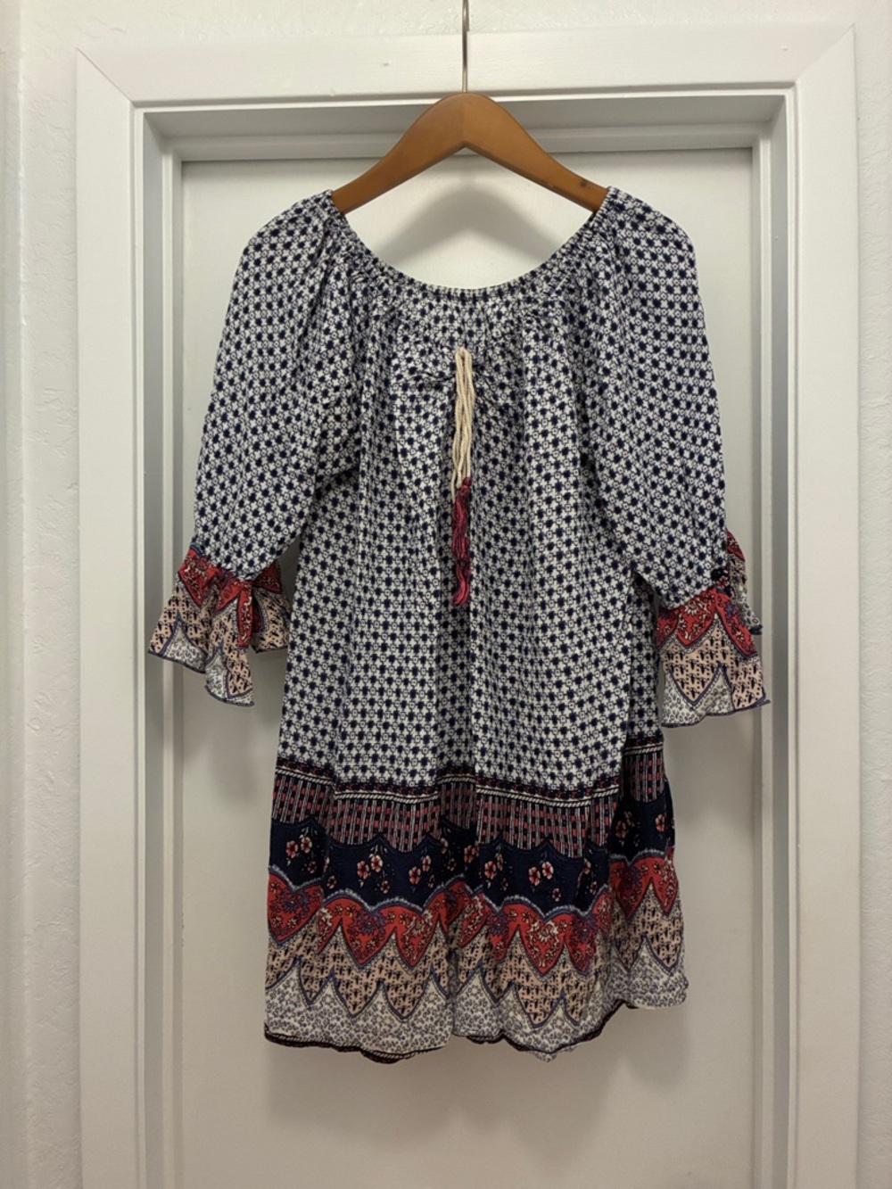 Boho Printed Tunic Dress in Navy & Red
